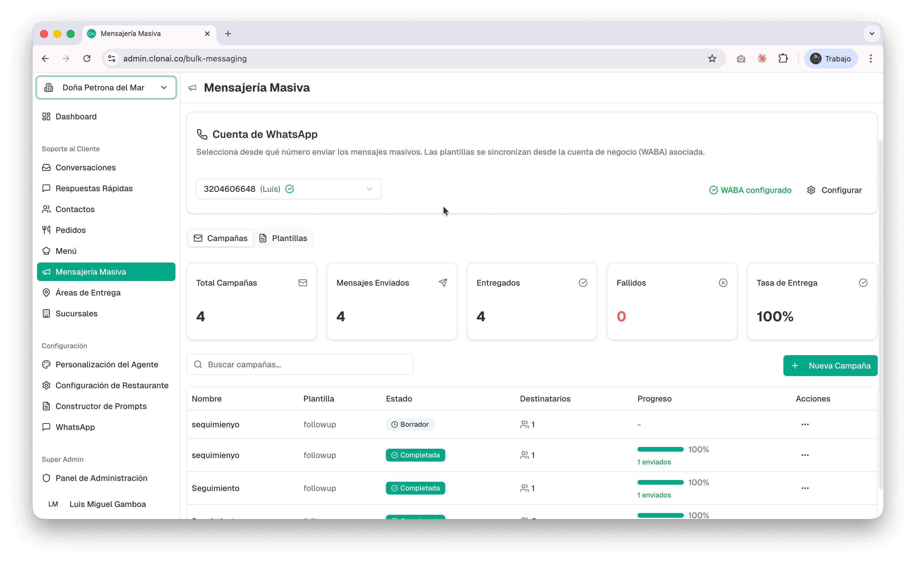 Mensajería masiva por WhatsApp API en ClonAI